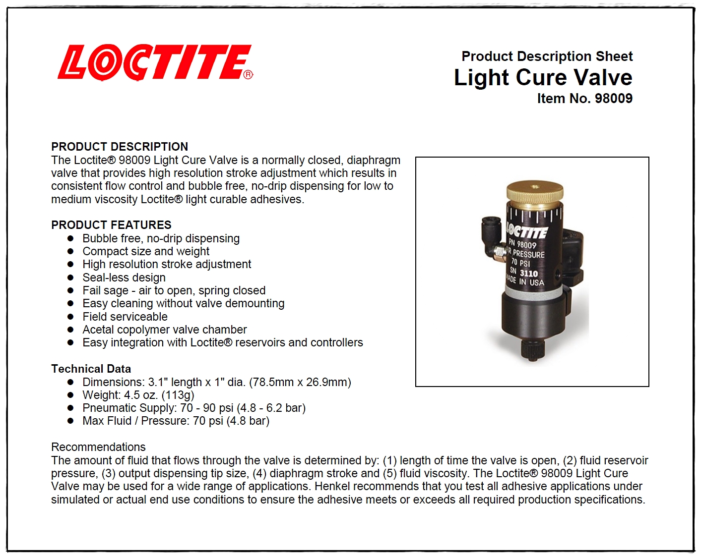 LOCTITE 98009 LIGHT CURE DISPENSE VALVE (IDH218280)
