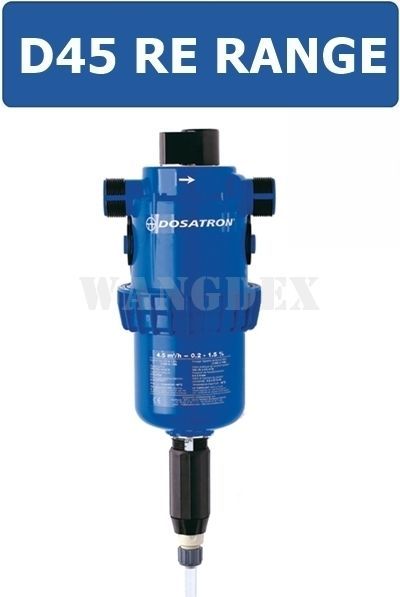 DOSATRON D45RE RANGE The D45 range of dispensers meets the dosing needs for flow rates from 100 to 4,500 l/h.
Injection range 0,5 - 3% [1:200 - 1:33]
Water flow range 100 l/h - 4,5 m3/h
Operating wate