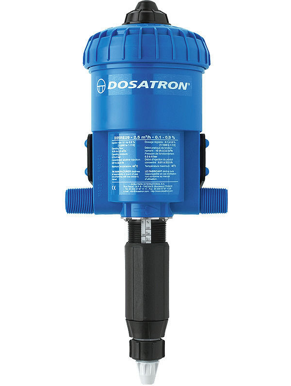 DOSATRON D25RE09
The standard dosing range D25 meets dosing needs from 10 l/h to 2.5 m3.
Injection range 0,1 - 0,9 % [1:1000 - 1:112]
Water flow range 10 l/h - 2,5 m3/h
Operating water pressure 0,3 - 